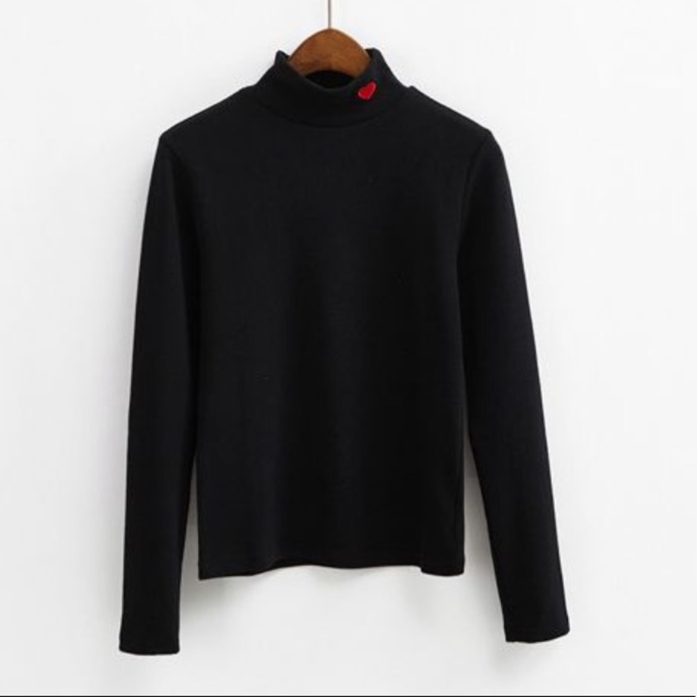 Heart Embroidery Black Mock Neck Sweater